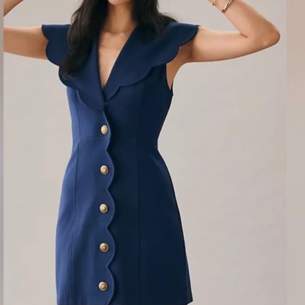 New with Tags Anthropologie Maeve Navy Blue Scalloped Buttondown Dress size S